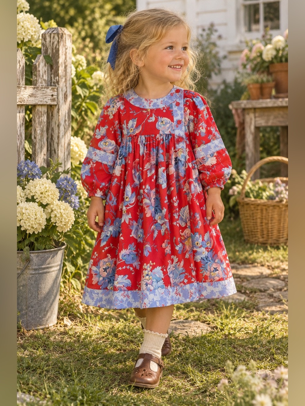 Vintage 90s Mousefeathers Girls Peasant Dress Sz 4 Boho Red Floral Midi A-line